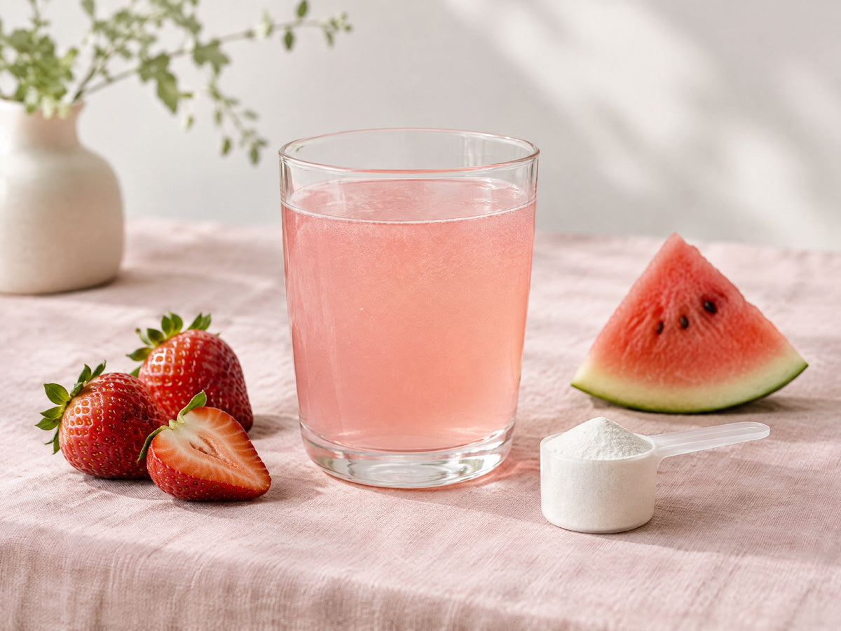 Glas roze drankje met een maatschepje poeder, aardbeien en een stukje watermeloen