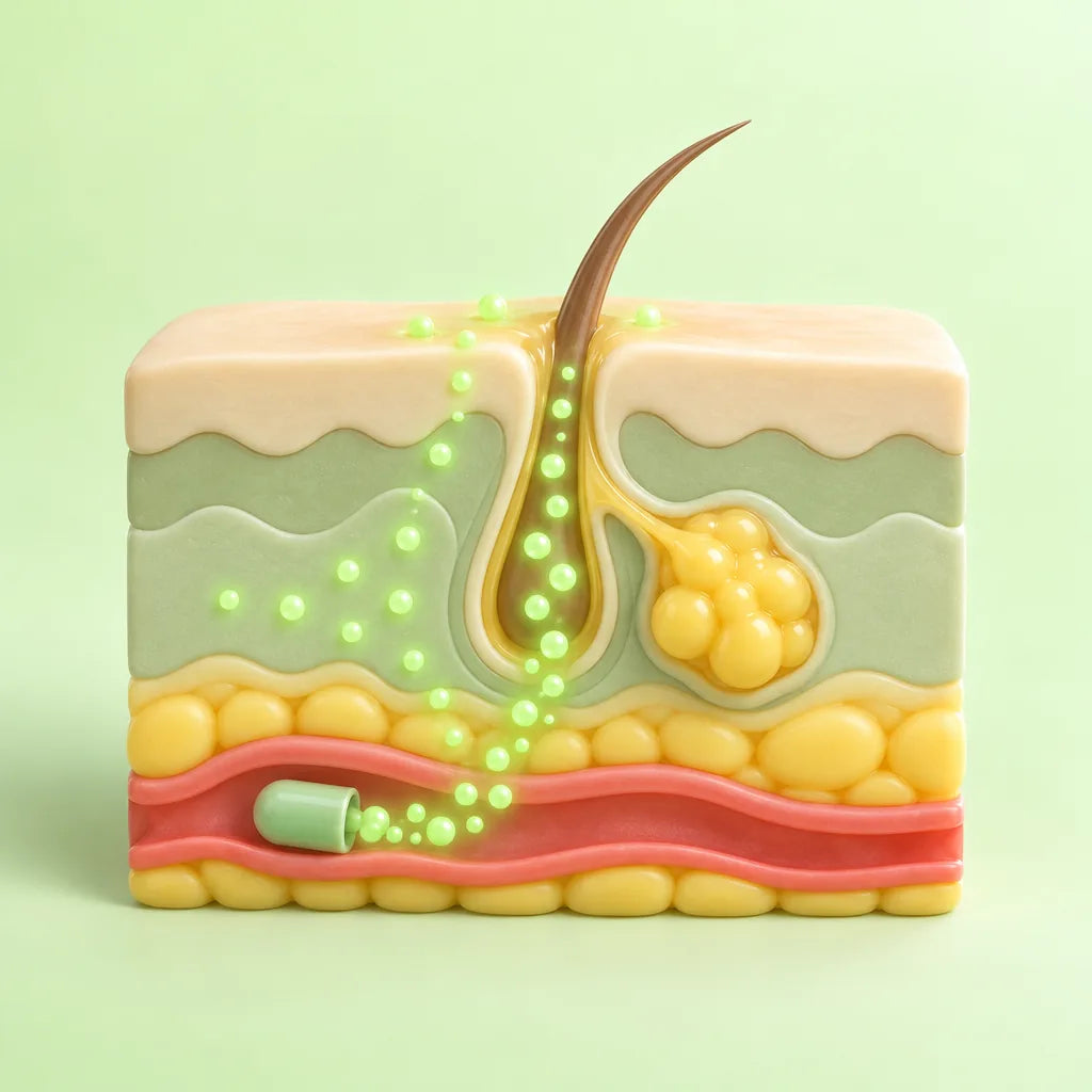 Ilustración: una cápsula en el torrente sanguíneo lleva nutrientes al folículo piloso, la glándula sebácea y la superficie de la piel