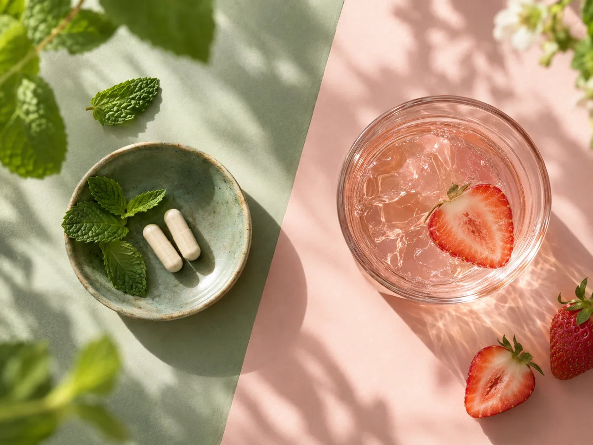 Twee capsules op een groen schaaltje naast een glas roze drank met aardbei