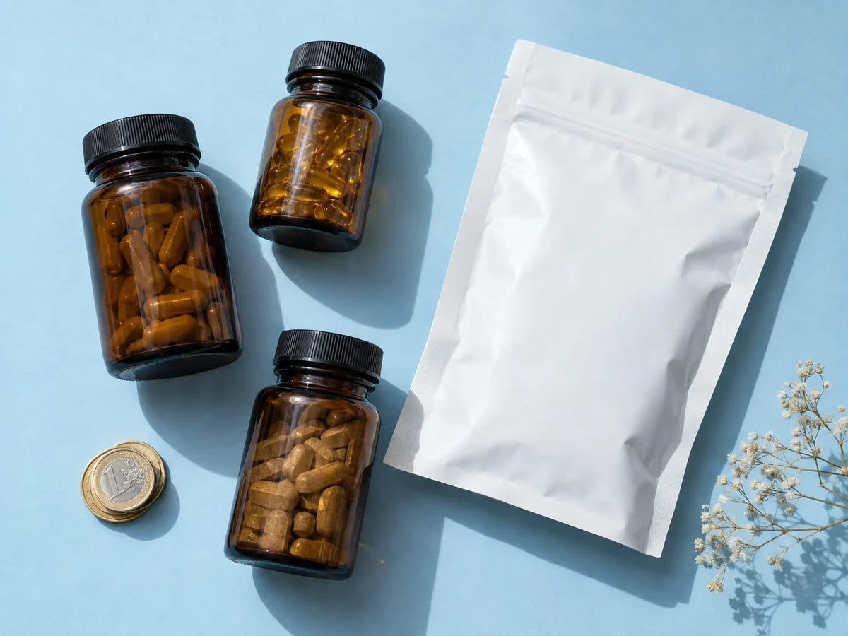Euromunten naast drie bruine supplementpotjes en een witte zak op lichtblauw papier