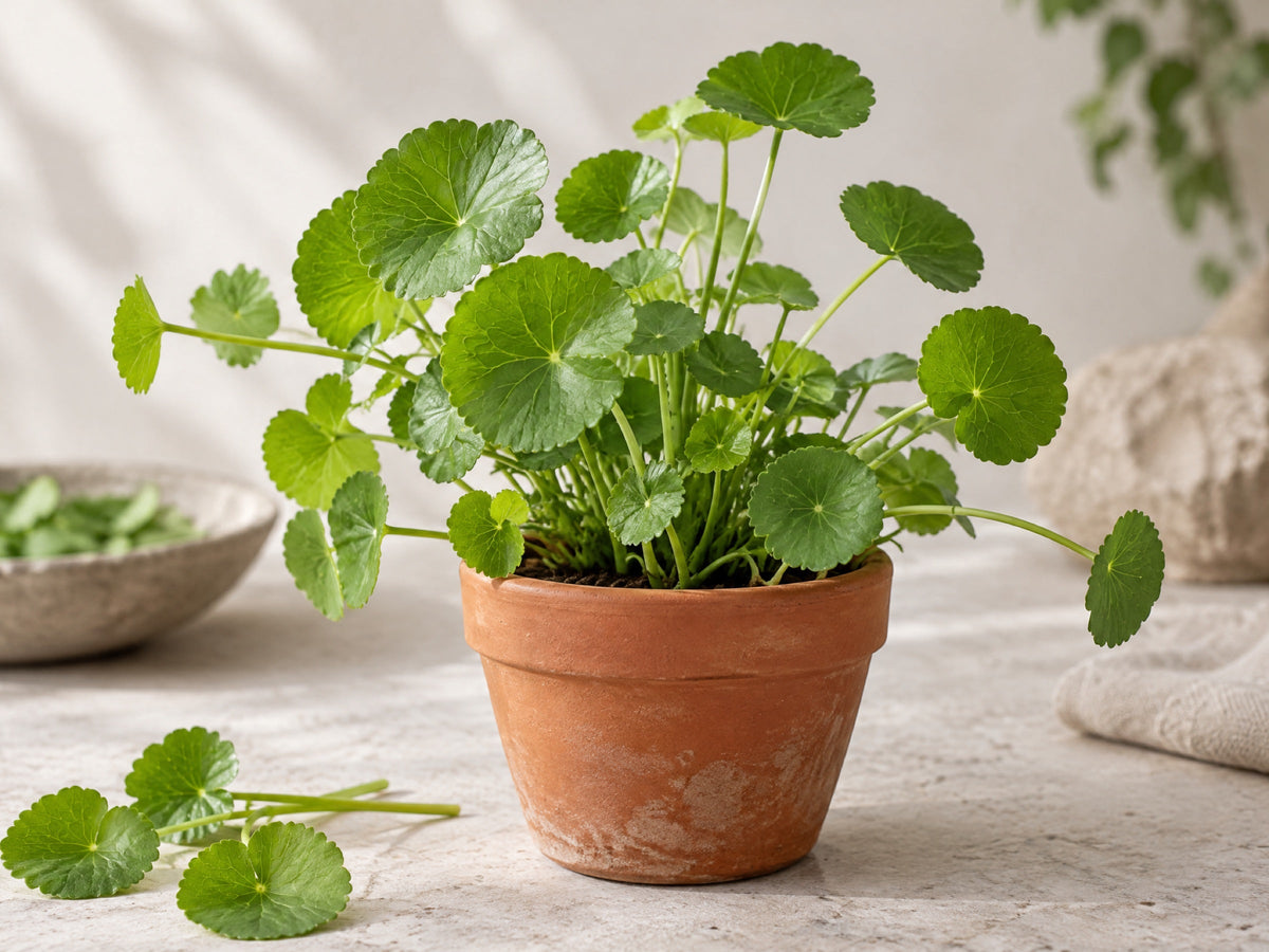 Gotu kola-plant met ronde groene blaadjes in een terracotta pot