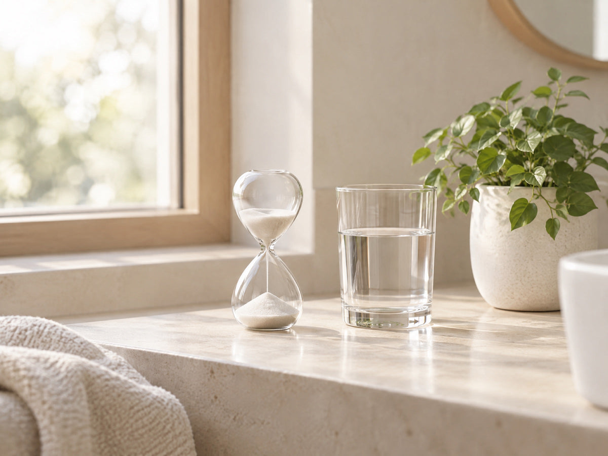 Zandloper, glas water en een plantje op een lichte badkamerplank in het ochtendlicht