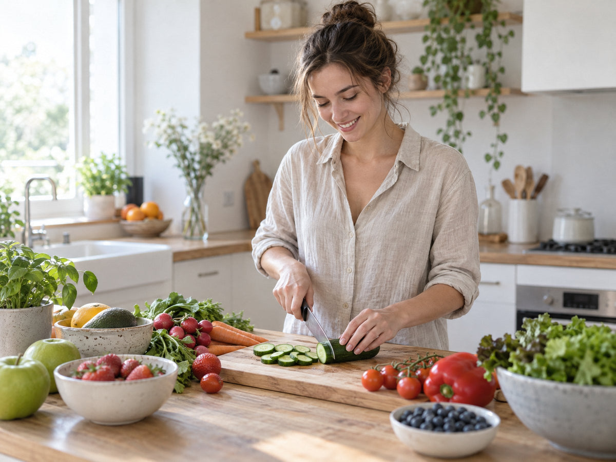 Jonge vrouw snijdt verse groente en fruit op een houten plank in een lichte keuken