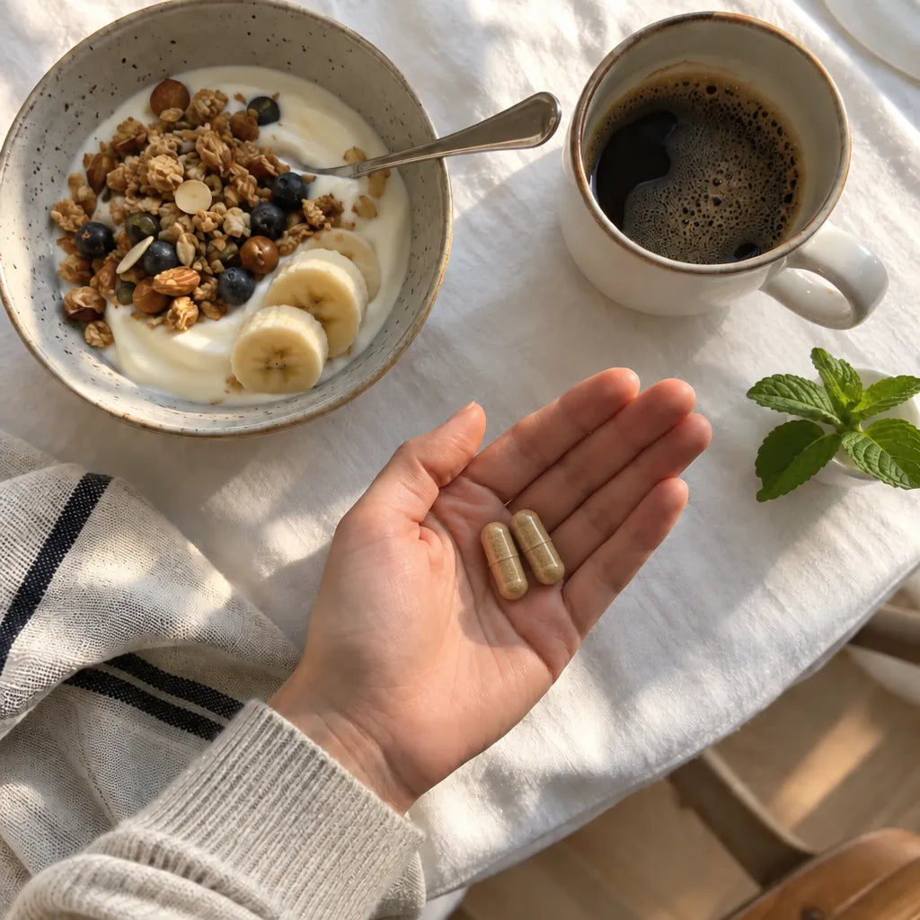 Una mano sostiene dos cápsulas a la hora del desayuno, junto a un yogur, un café y una ramita de hierbabuena